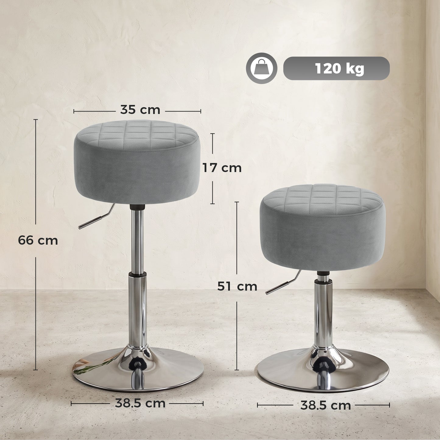 HOMCOM Bar Stool Adjustable Swivel Chair Velvet-Feel Seat 1 Piece, Grey