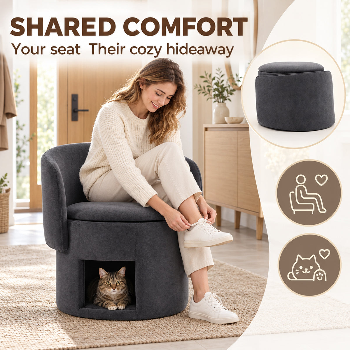 HOMCOM Cat-Scratch Fabric Upholstered Accent Chair with Cat Condo, Fold-Down Backrest, Lift-Up Seat Lid for Bedroom, Dark Grey