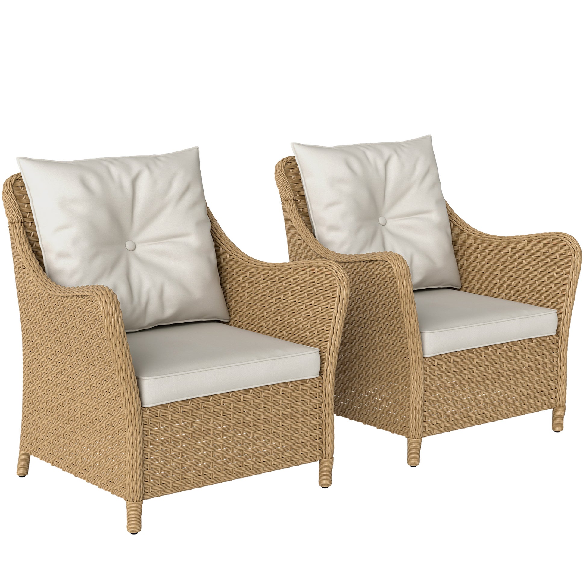 Outsunny Rattan Garden Chairs Set of 2, Outdoor Rattan Chairs with Cushions, Armrests and High Back, PE Wicker Garden Armchair with Steel Frame for Balcony, Porch, Beige Default Title