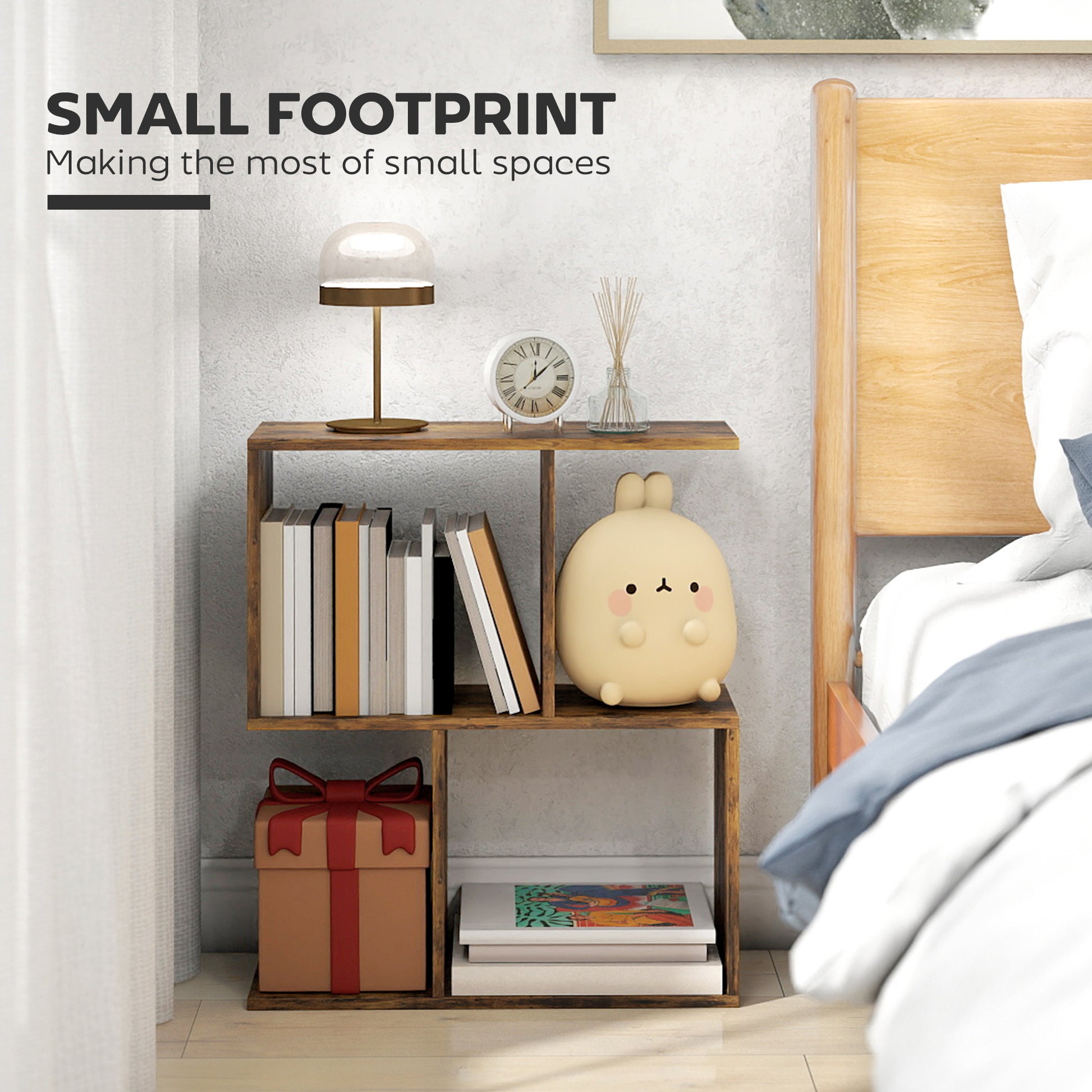 HOMCOM Side Table, Narrow End Table with Storage Shelves, S-Shaped, 3-Tier, 50W x 19.5D x 58H cm, Rustic Brown