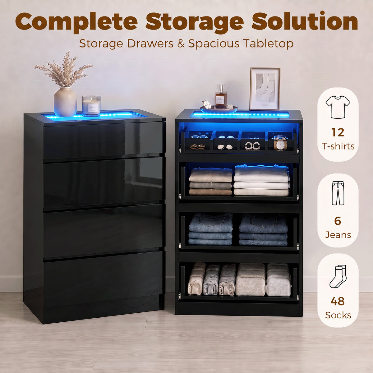 HOMCOM High Gloss 4 Drawer Chest of Drawers with Glass Top and RGB LED Lights, Dresser w/ Jewelry Organizer, APP Control, Black