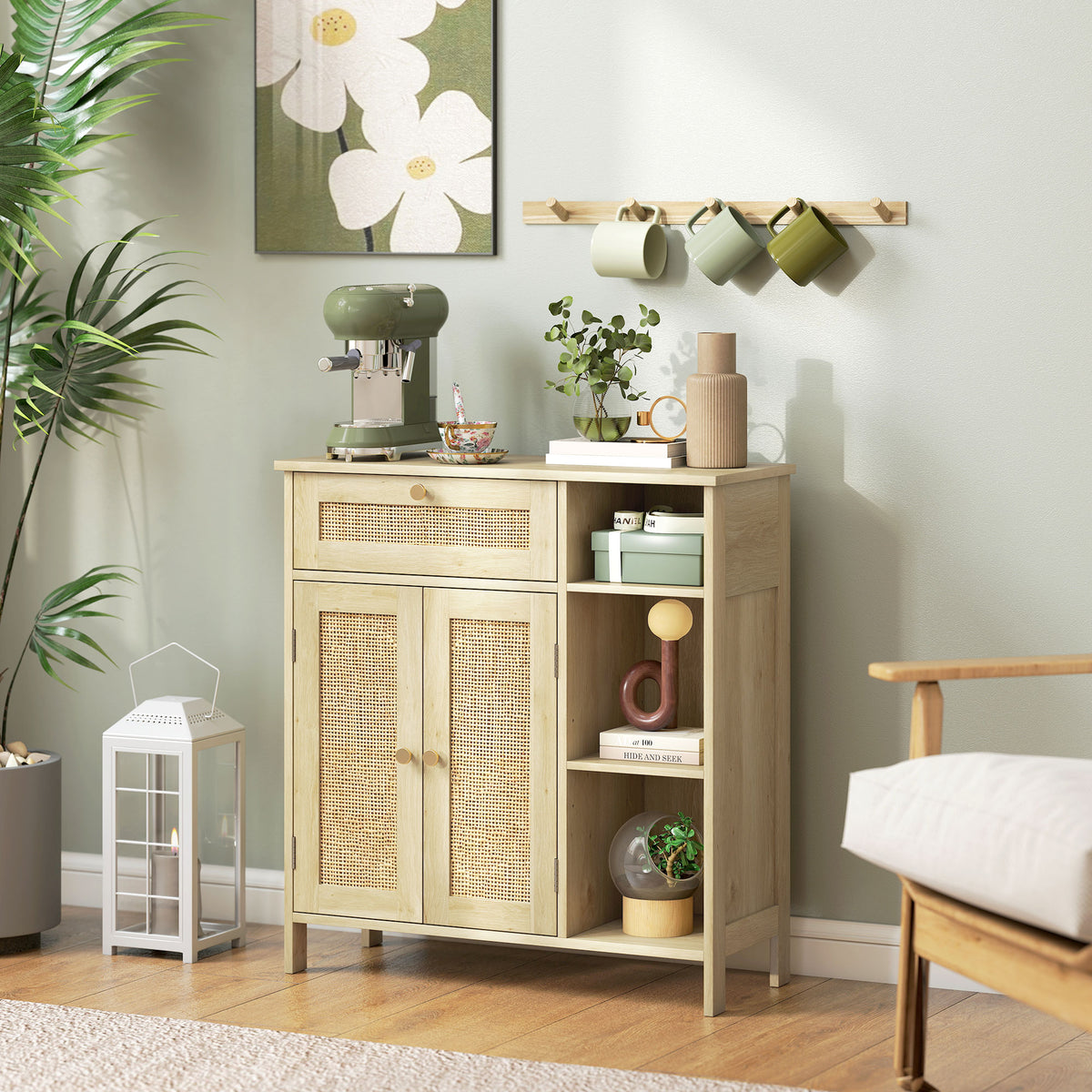 HOMCOM Rattan Sideboard Cabinet with Drawer 2 Doors Adjustable Shelves Kitchen Storage 75 x 30 x 79.5 cm Natural Wood Effect