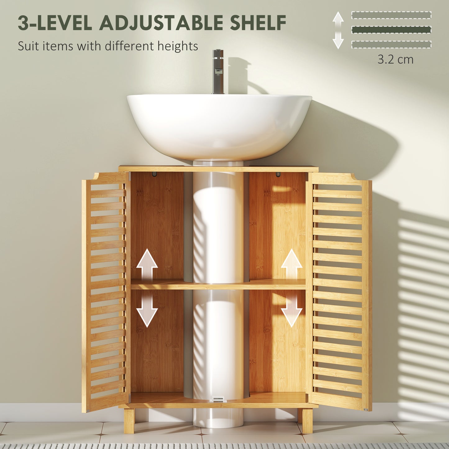 HOMCOM Under Sink Bathroom Cabinet, Freestanding Bamboo Under Sink Cabinet with Louvered Doors and Adjustable Shelf, Natural