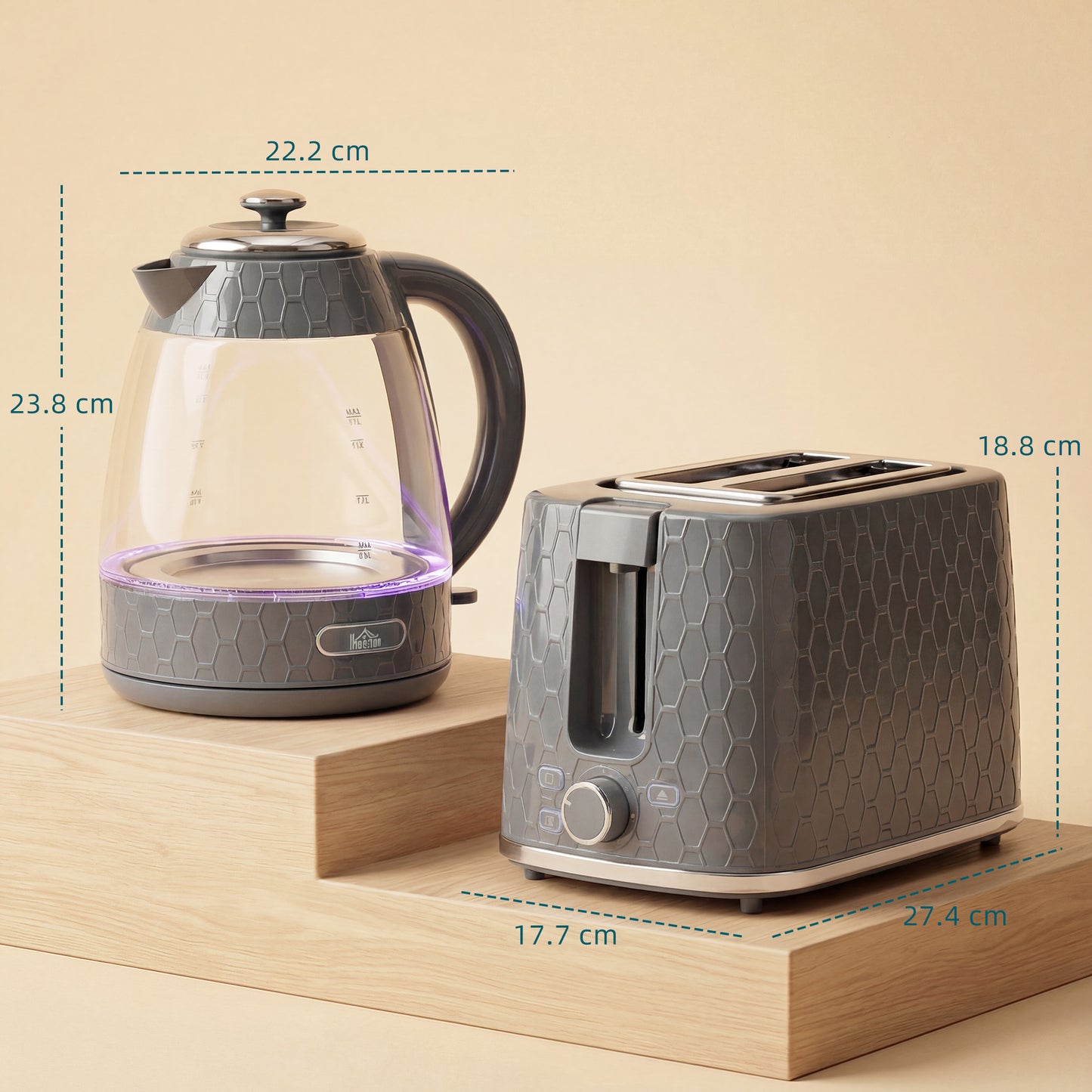 HOMCOM Kettle and Toaster Set, 1.7L 3000W Rapid Kettle with Limescale Filter, 2 Slice Toaster with 7 Browning Controls, Grey