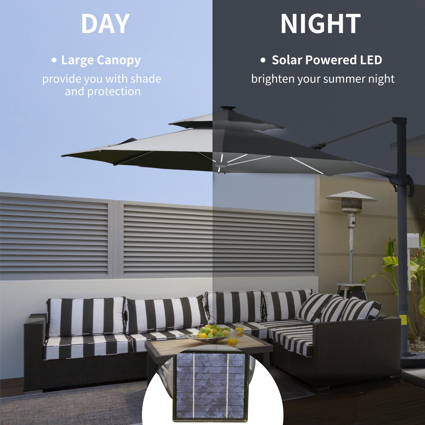 Outsunny 3m Cantilever Parasol w/ Solar Lights Power Bank Base 360Â° Spin Dark Grey