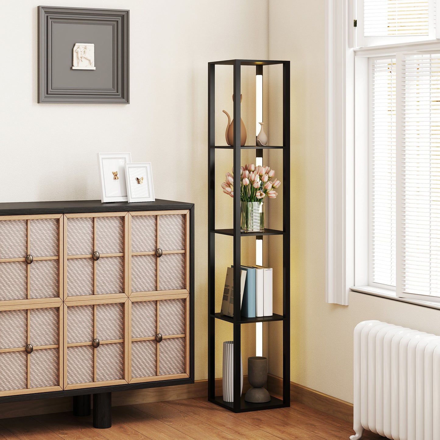 HOMCOM LED Floor Lamp with Shelves, Modern Dimmable Standing Lamp with 3 Brightness Levels and Foot Switch for Living Room, Bedroom, Office, Black