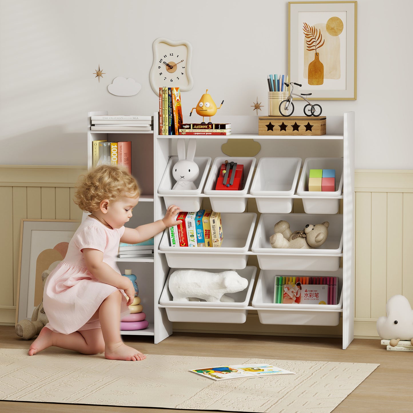 AIYAPLAY Toy Storage Unit with 8 Removable Bins, Storage Shelves, Cabinet, White
