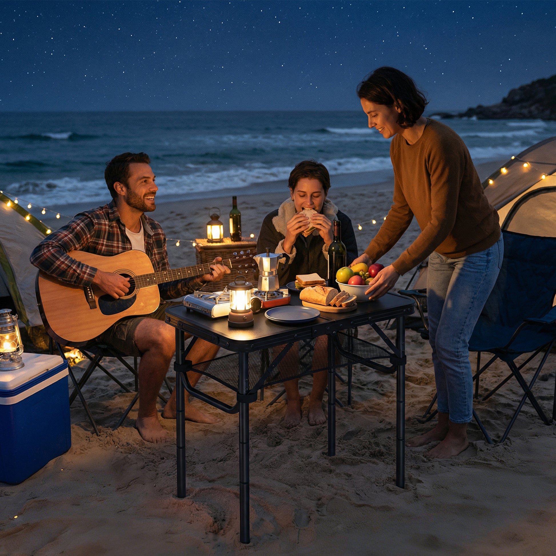 Outsunny 2ft Folding Camping Table, Picnic Table with Mesh Storage Layer, 4 Adjustable Heights and Carrying Handle, Black