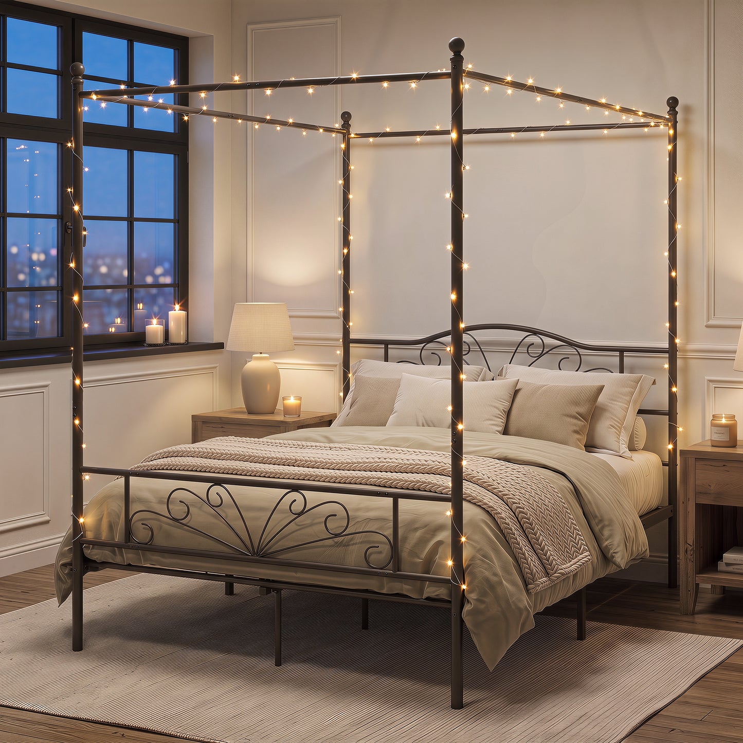 HOMCOM Canopy Bed Frame Double Size, Metal Platform Bed Frame with Headboard and Footboard, Underbed Storage, Black