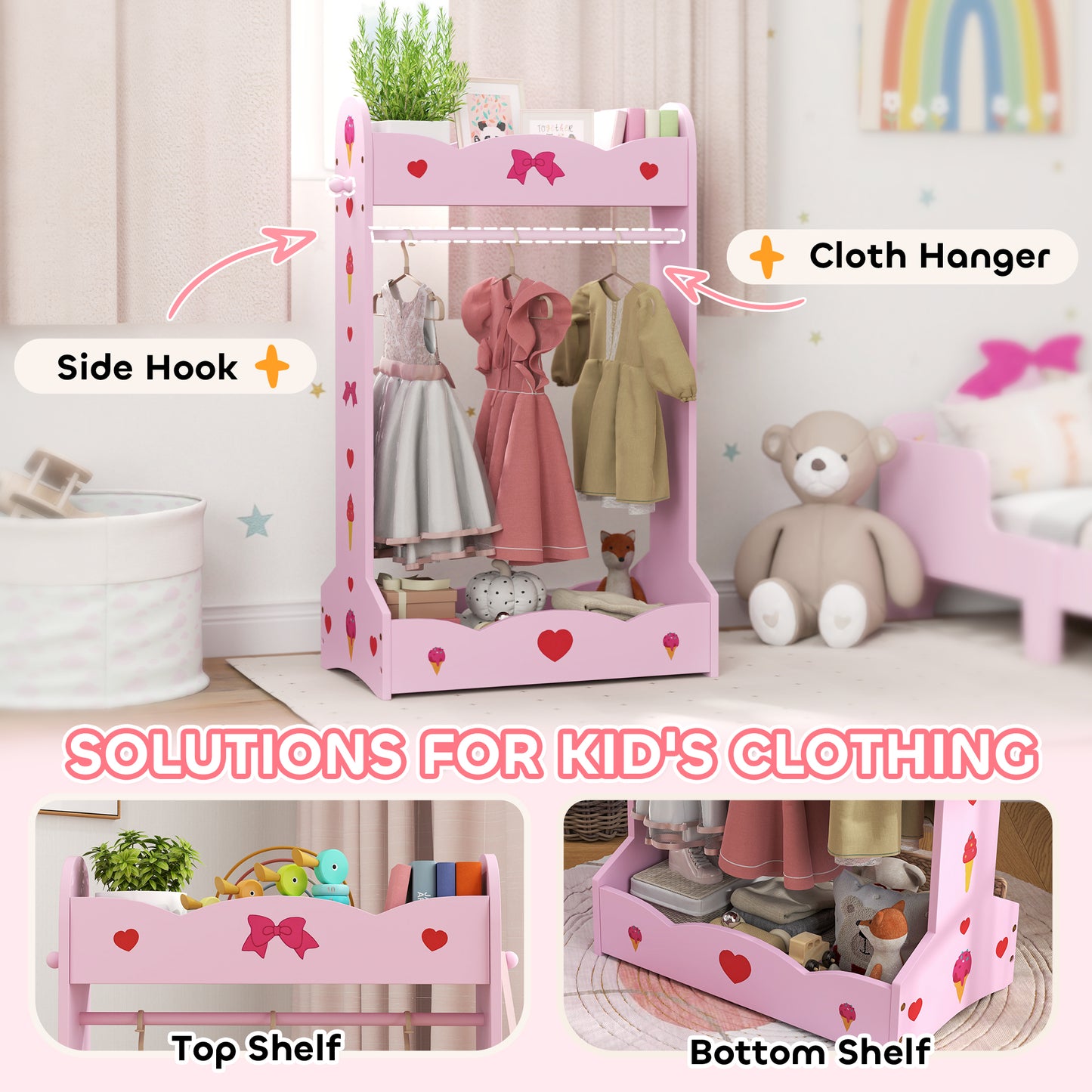 AIYAPLAY Kids Clothes Rail, Kids Dressing Mirror with 360° Rotating, 2 Piece Kids Furniture Set with Storage Shelves, Pink