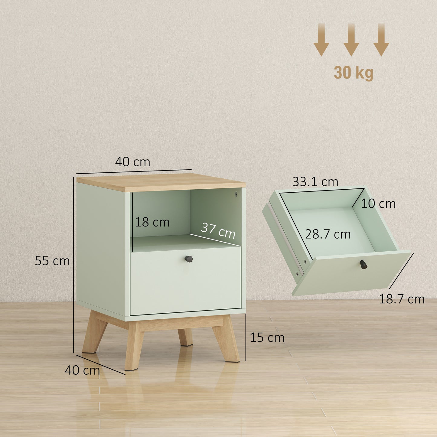 HOMCOM Modern Nightstand Set of 2, Bedside Table with Drawer and Open Shelf, Side End Table for Bedroom, Light Green