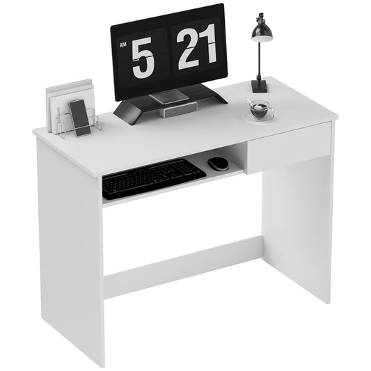HOMCOM 100cm Compact Computer Desk with Keyboard Tray, Home Office Desk with Drawer for Bedroom Study, White