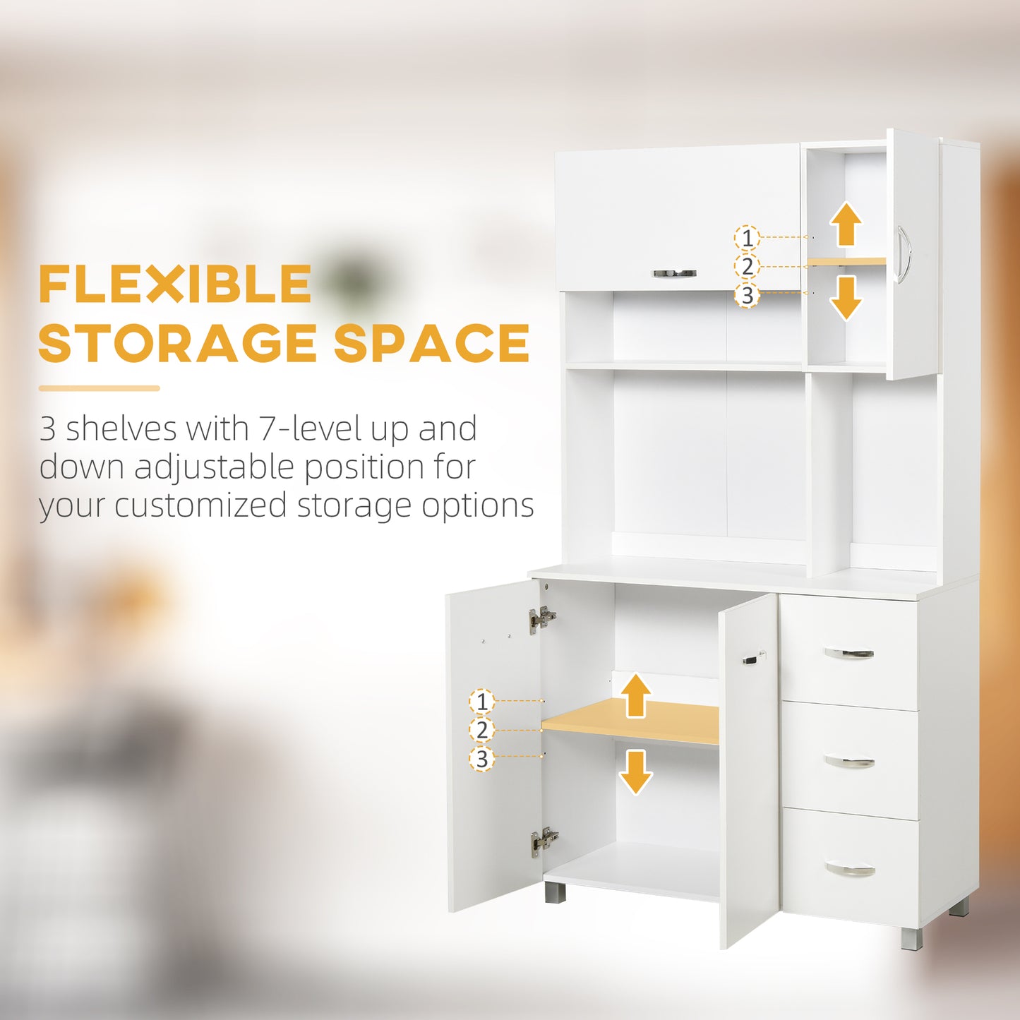 HOMCOM Kitchen Cupboard, 183cm Tall Storage Cabinet with Countertop, Sideboard with 3 Small Drawers, Flip Up Top Door, 3 Cabinet Doors and Open Shelves, 100W x 39.5D x 183.5H cm, White