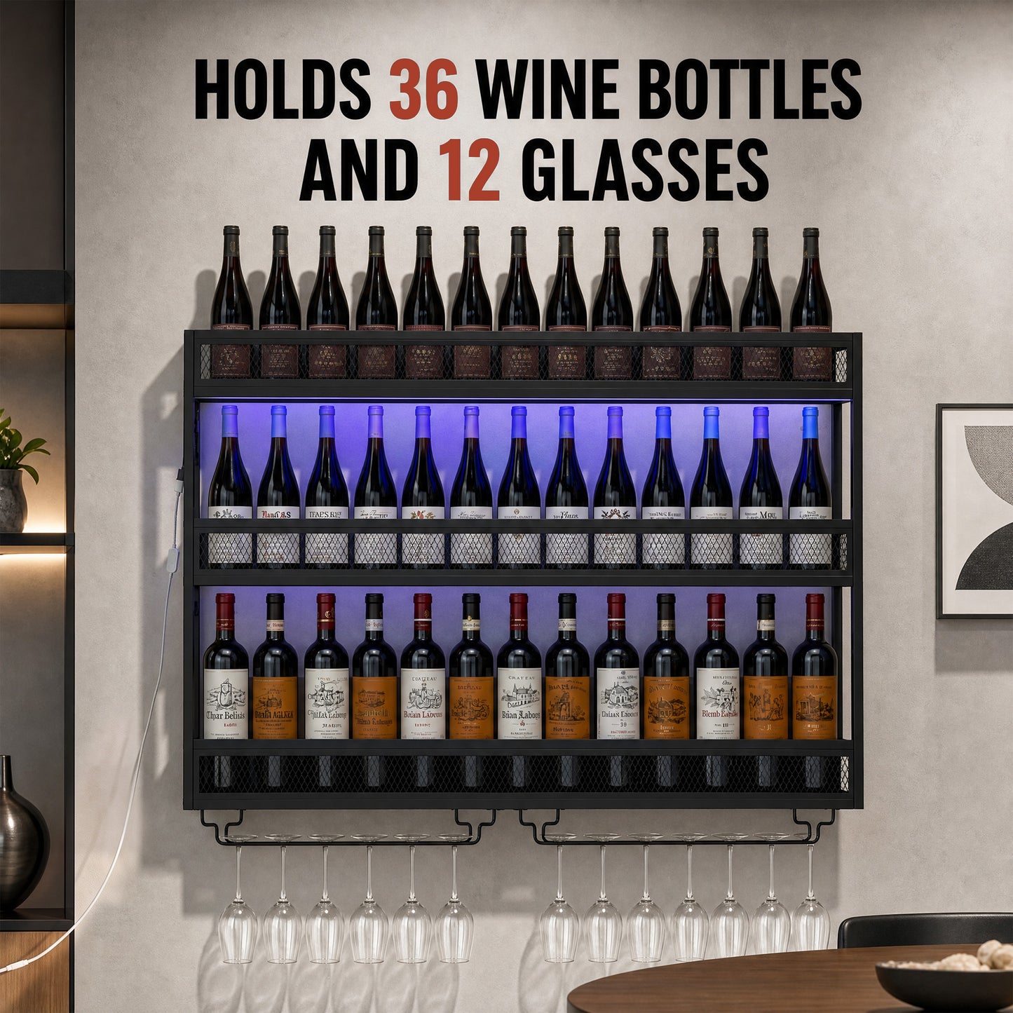 HOMCOM Wall-Mounted Wine Rack with LED Lights, Glass Holders, Open Shelf, Metal Storage Rack, Black