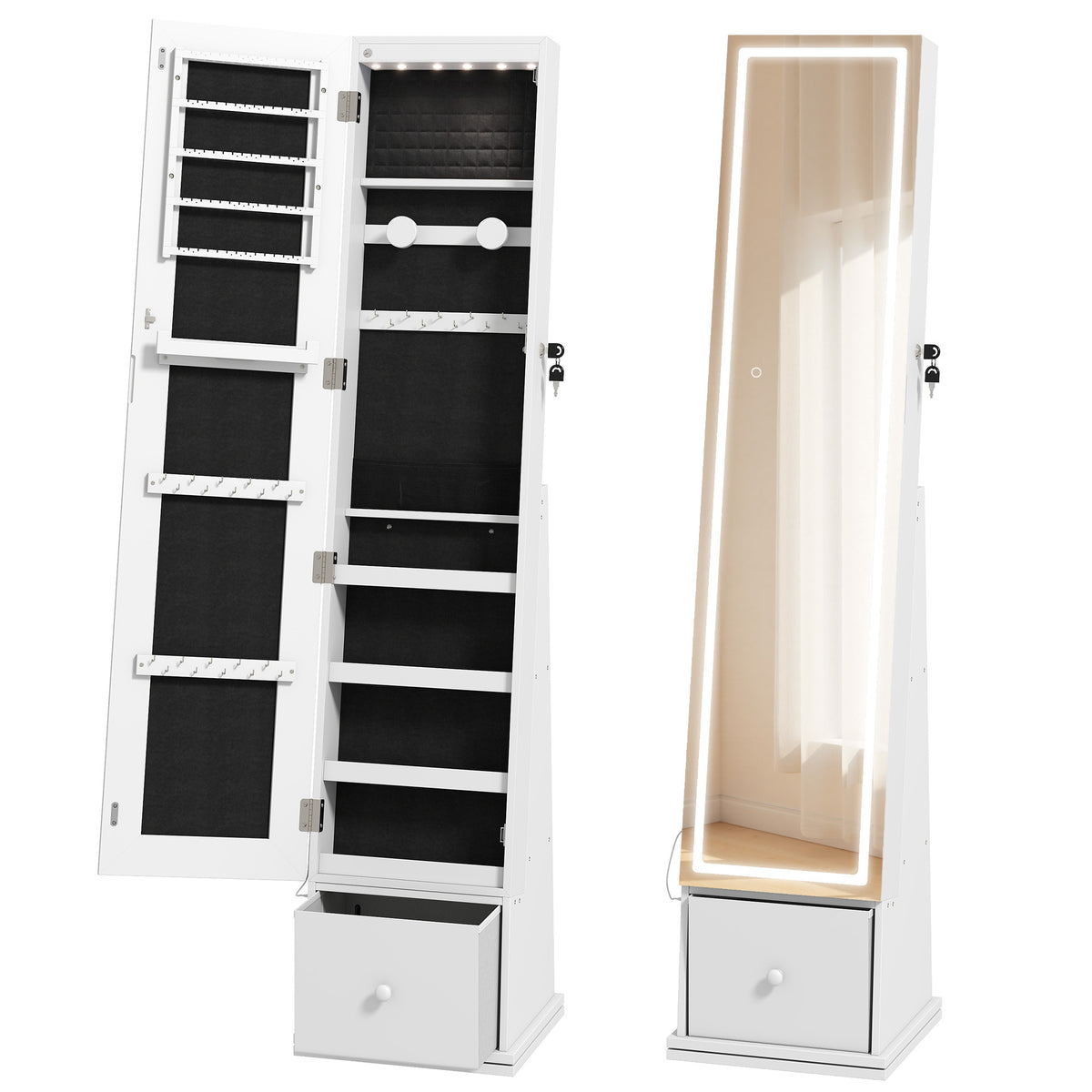 HOMCOM Swivel Jewelry Cabinet with LED Lights, Lockable Standing Full Length Mirror with Storage, 3-Colour Dimmable, White Default Title