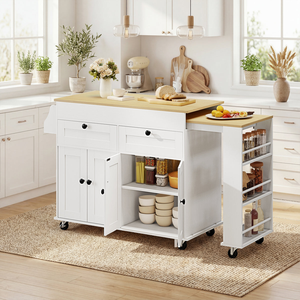HOMCOM Rolling Kitchen with Expandable Top, Kitchen Island on Wheels with USB Ports & Power Outlets, Storage, White
