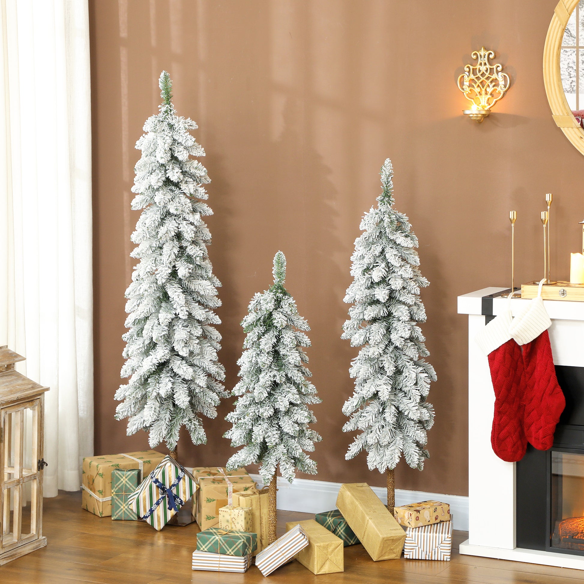 HOMCOM Set of 3 Pencil Flocked Christmas Tree, 3ft 4ft 5ft