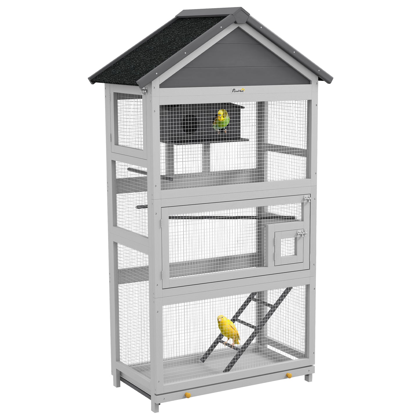 PawHut Wooden Bird Cage, with Stand, for Finches, Parakeets, Small birds - Grey Default Title