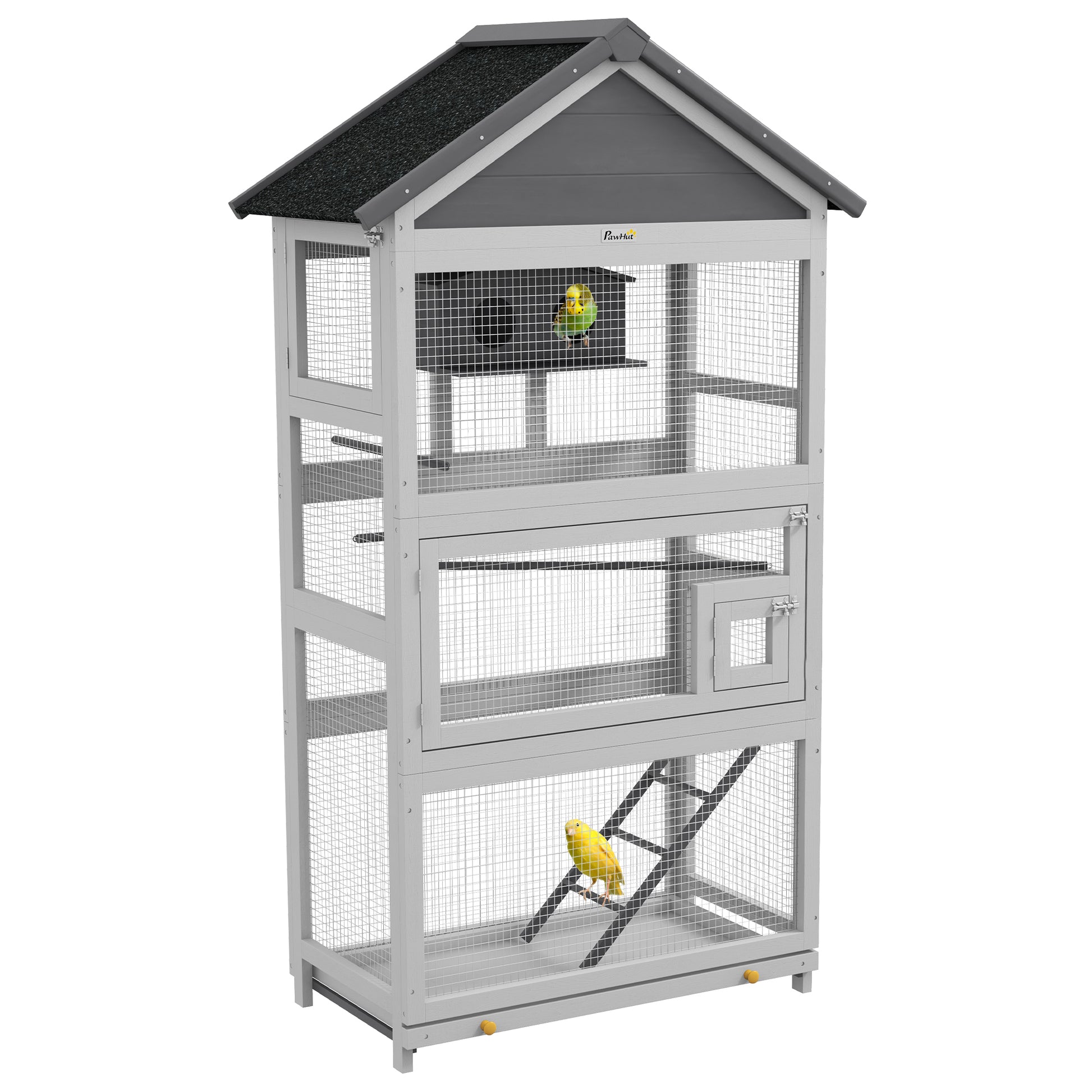 PawHut Wooden Bird Cage, with Stand, for Finches, Parakeets, Small birds - Grey Default Title