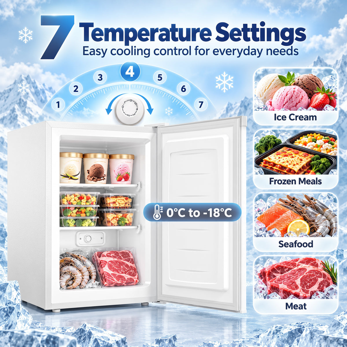 HOMCOM 85L Mini Freezer Countertop, Compact Freestanding Upright Freezer with Reversible Door, Removable Glass Shelves, White