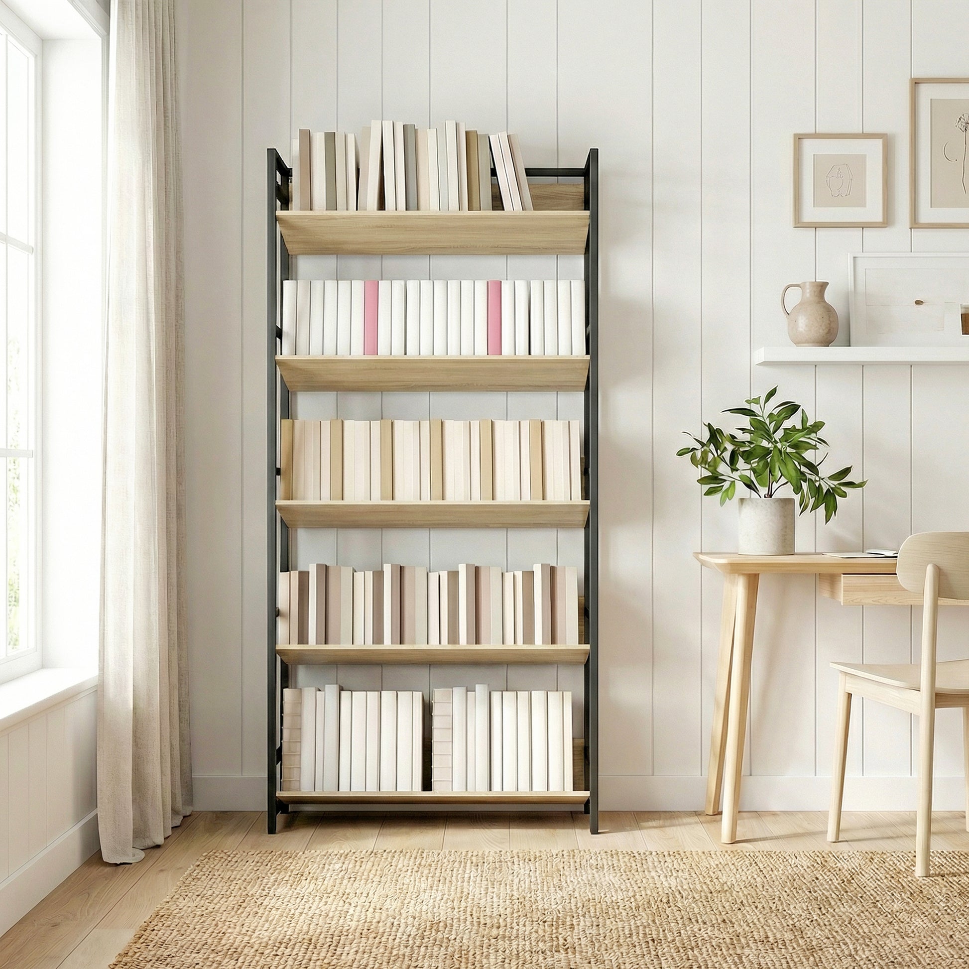 HOMCOM Bookshelf 5-Tier Metal Frame Bookcase Storage Shelves for Living Room Oak