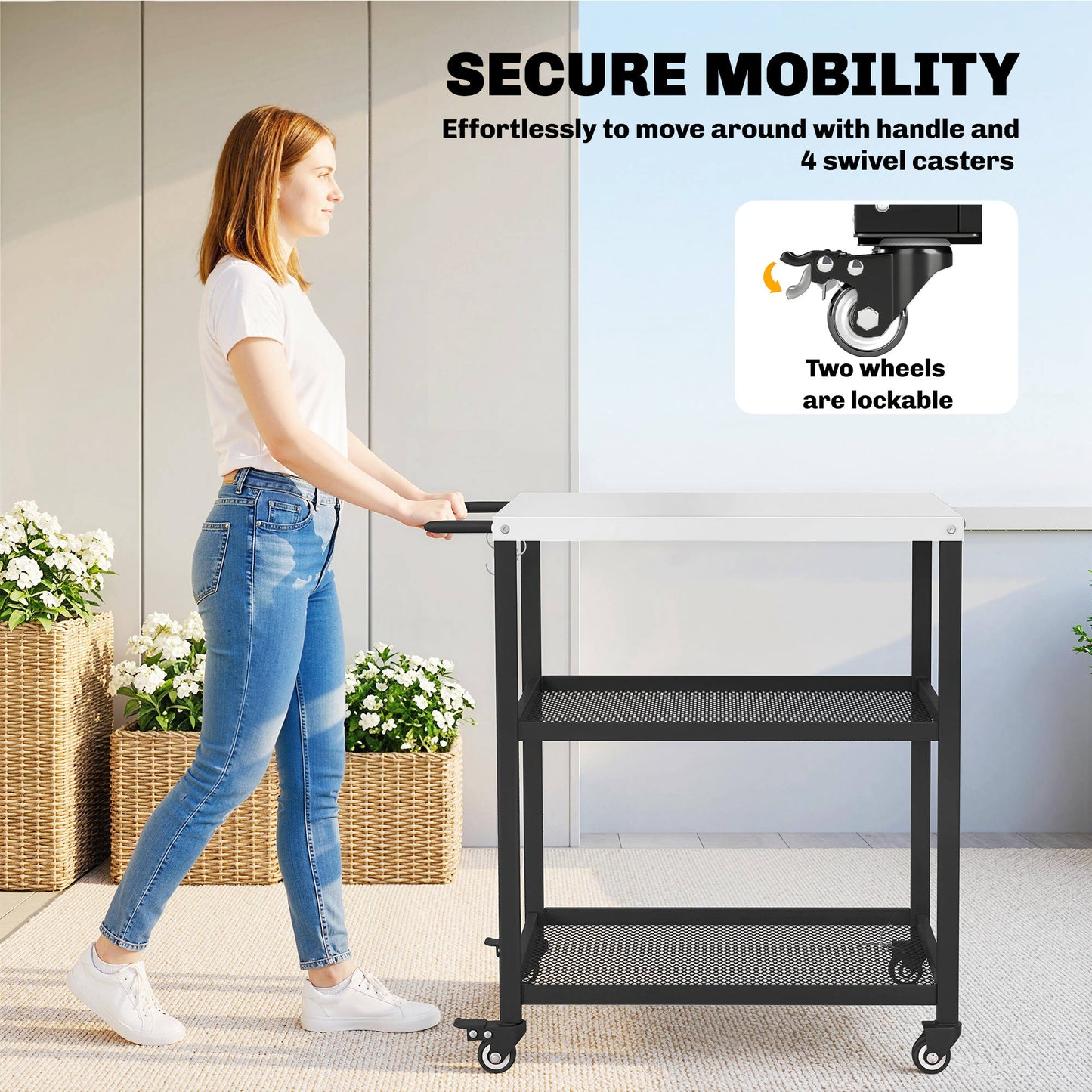 Outsunny Outdoor Grill Cart with Stainless Steel Tabletop, 3-Tier Pizza Oven Stand with Adjustable Shelf, Hooks, Wheels, Black