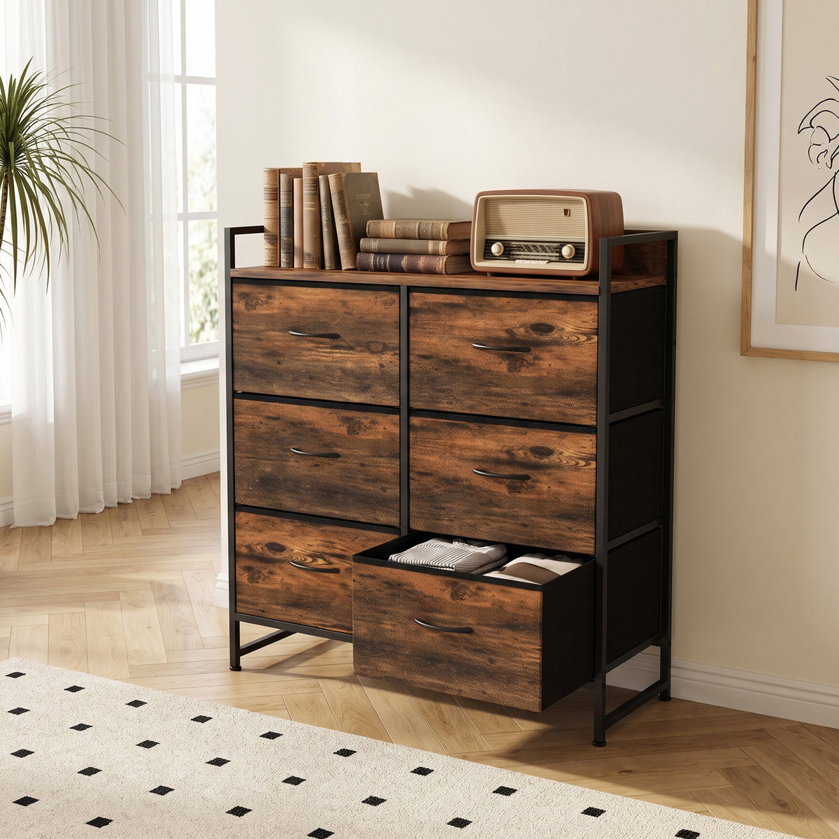 HOMCOM Rustic Chest of Six Fabric Drawers - Rustic Brown