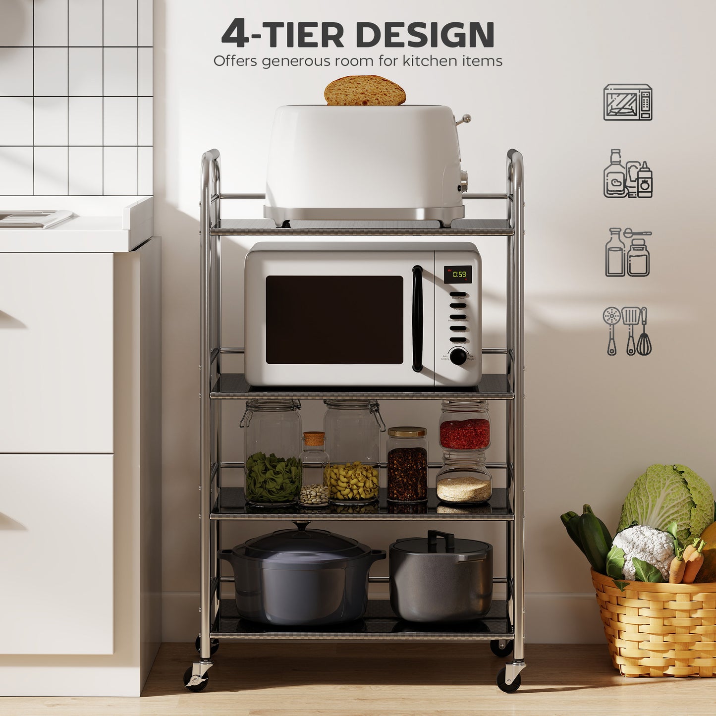 HOMCOM 4 Tier Stainless Steel Kitchen Storage Trolley with Adjustable Shelves - Silver