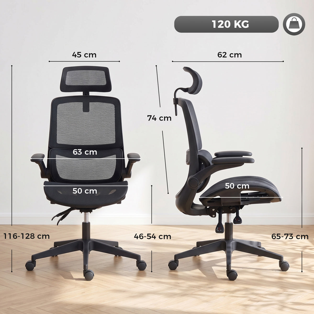 HOMCOM Ergonomic Office Chair with Adaptive Lumbar Support, Reclining Mesh Desk Chair with 2D Headrest, Flip-Up Arms, Black