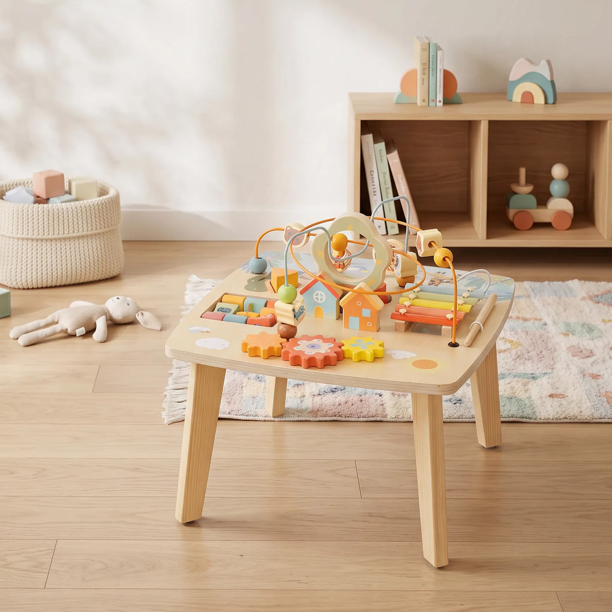AIYAPLAY Wooden Baby Activity Table, 6 In 1 Montessori Learning Table with Bead Maze, Shape Sorter and Xylophone for 18M-3Y