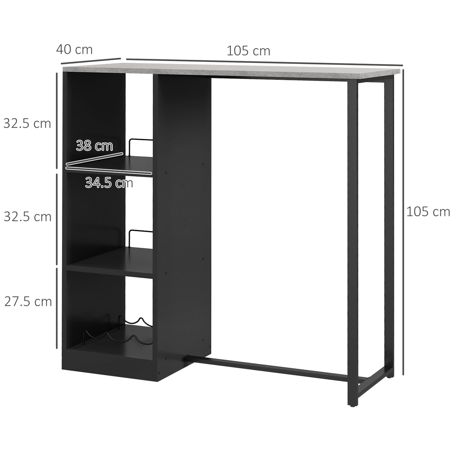 HOMCOM Breakfast Bar Table, Bar Table with 3-Tier Storage Shelf and Wine Rack, 105W x 40D x 105H cm, Black