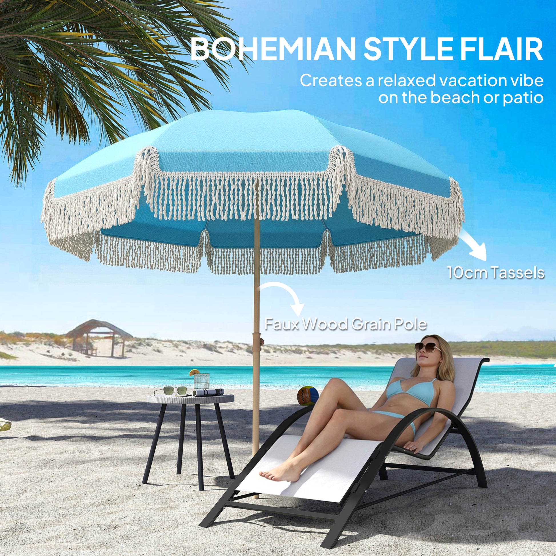 Outsunny 1.7 m Beach Umbrella with Sand Anchor, 30Â° Tilting Fringed Beach Garden Parasol with Adjustable Height, Grey