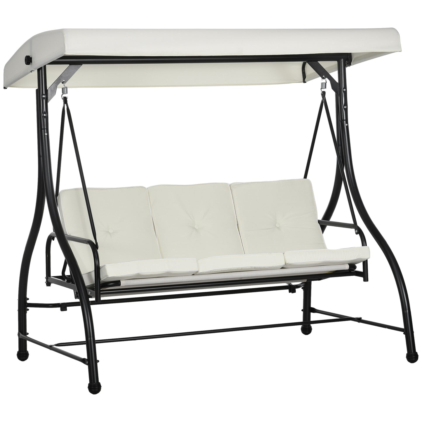 Outsunny 3 Seater Garden Swing Chair, 2 in 1 Convertible Patio Swing Seat Bed with Adjustable Canopy, Cushions and Metal Frame, Outdoor Hammock Bench Chair for Balcony, Terrace, Cream White