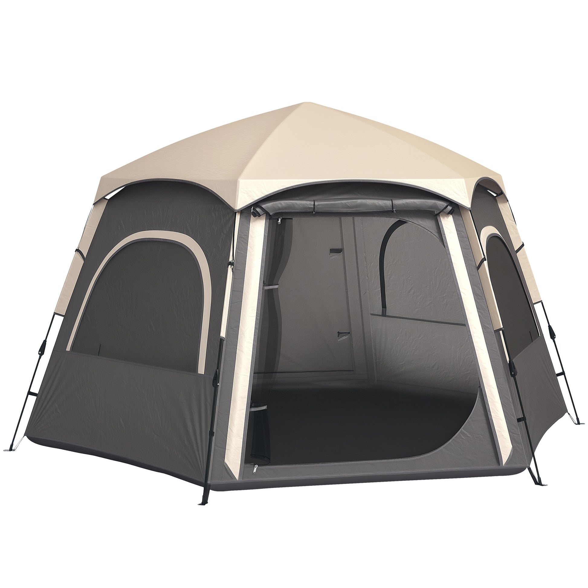 Outsunny Instant Pop Up Camping Tent, 2/3/4 Person Easy Setup Dome Family Tent with Vestibule, Rainfly, 4 Mesh Windows & 2 Doors, Hexagonal Design, Waterproof & UV Protected, Dark Grey