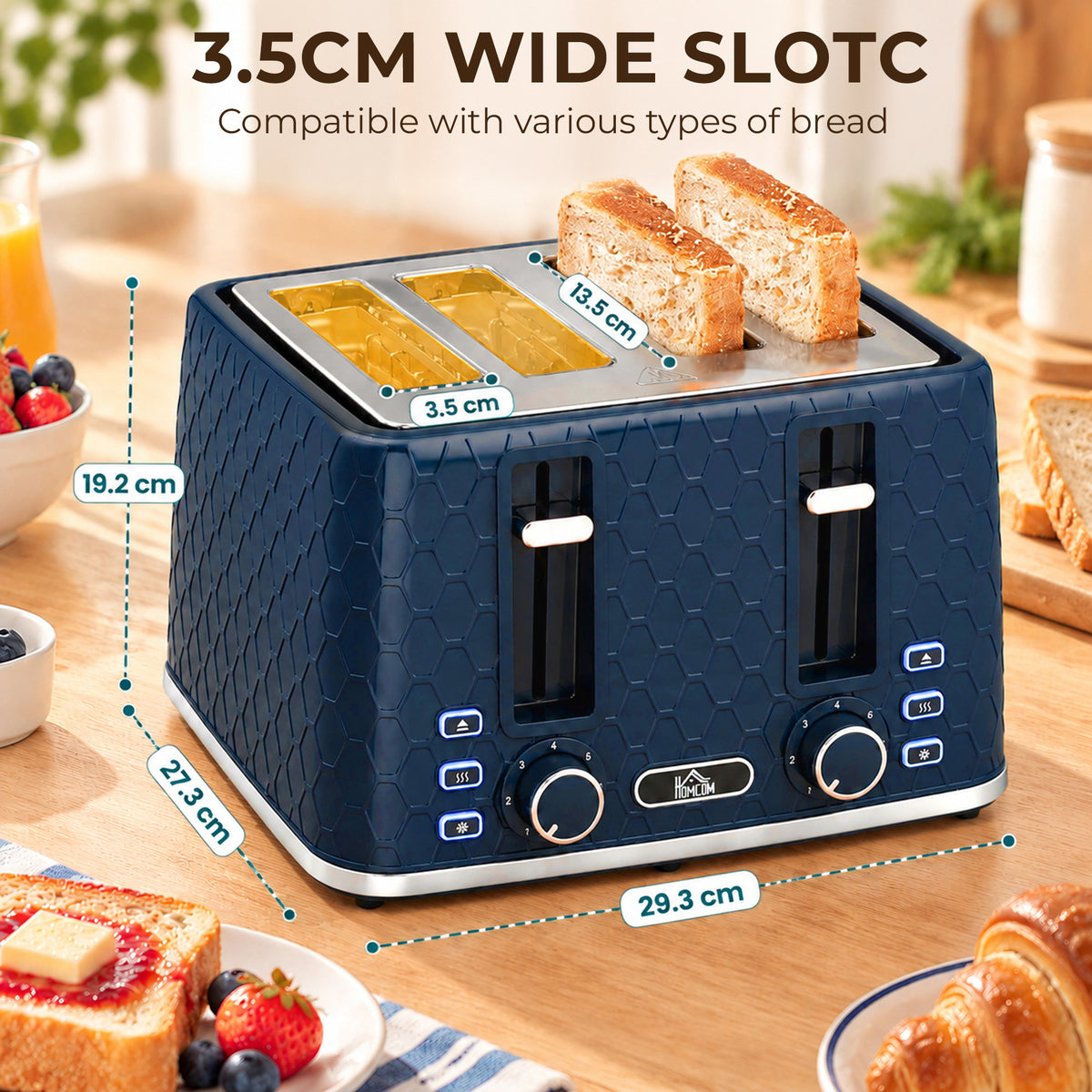HOMCOM Kettle and Toaster Set, 1.7L 3000W Rapid Boil Jug Kettle with Limescale Filter, 4 Slice Toaster, Blue