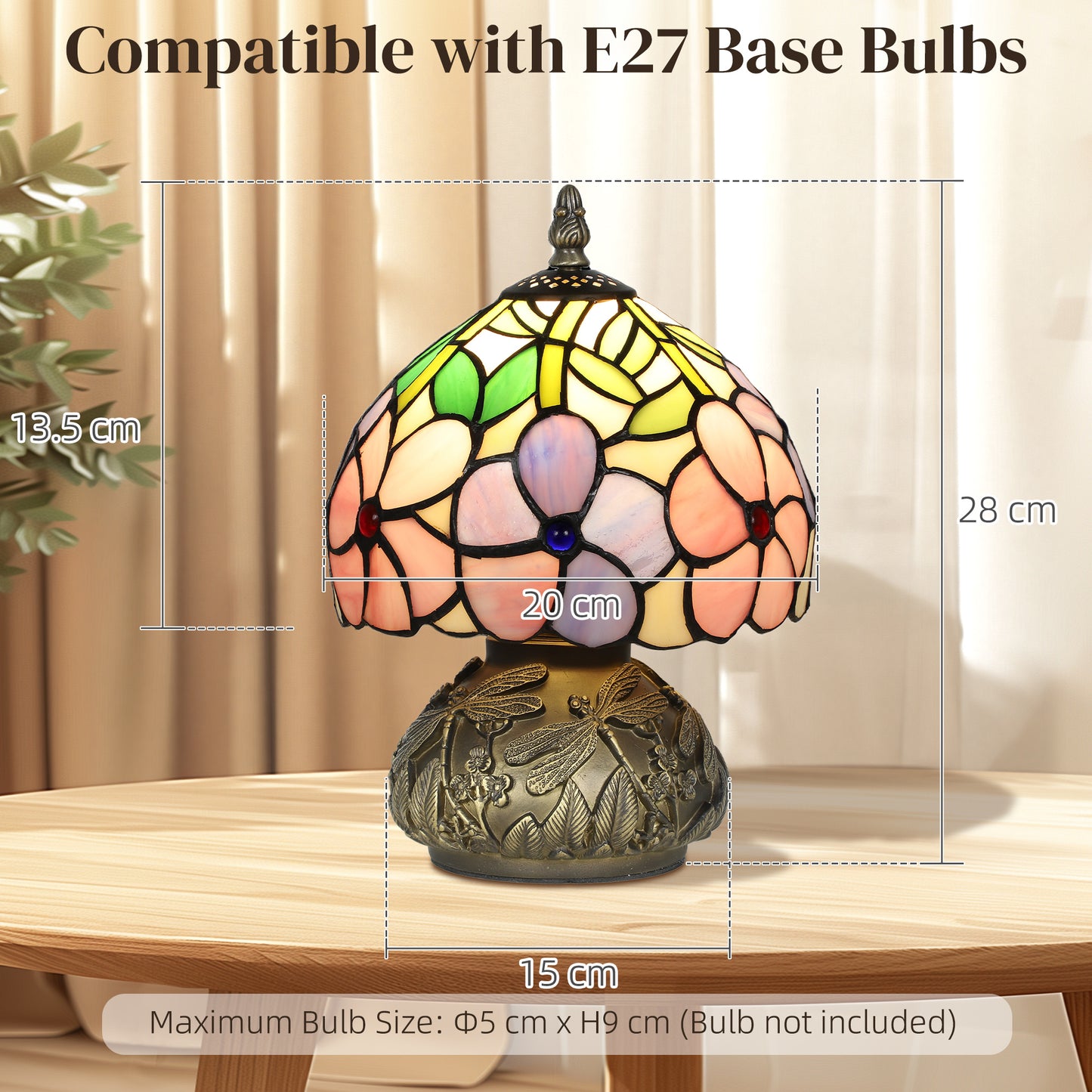 HOMCOM Tiffany-Style Table Lamp with Sculpted Dragonfly Base, Handcrafted Antique Stained Glass Bedside Lamp for Living Room and Bedroom, E27 Socket, Pink