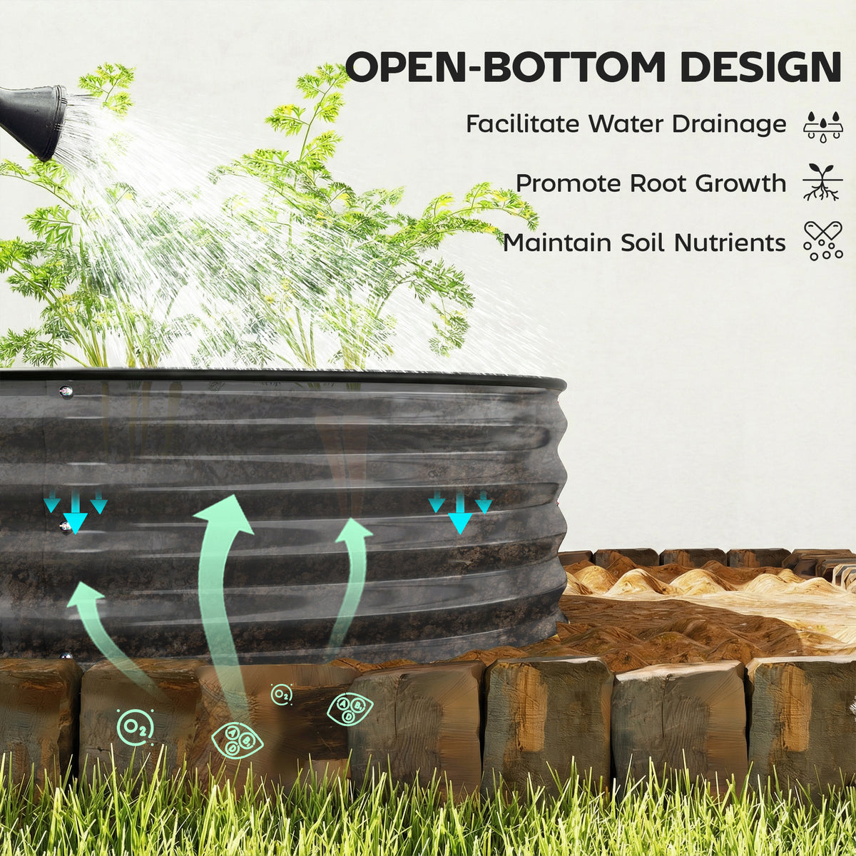 Outsunny Galvanised Raised Garden Bed, Metal Planter Box with Safety Edging, for Flowers, Herbs, Succulents, Dark Grey