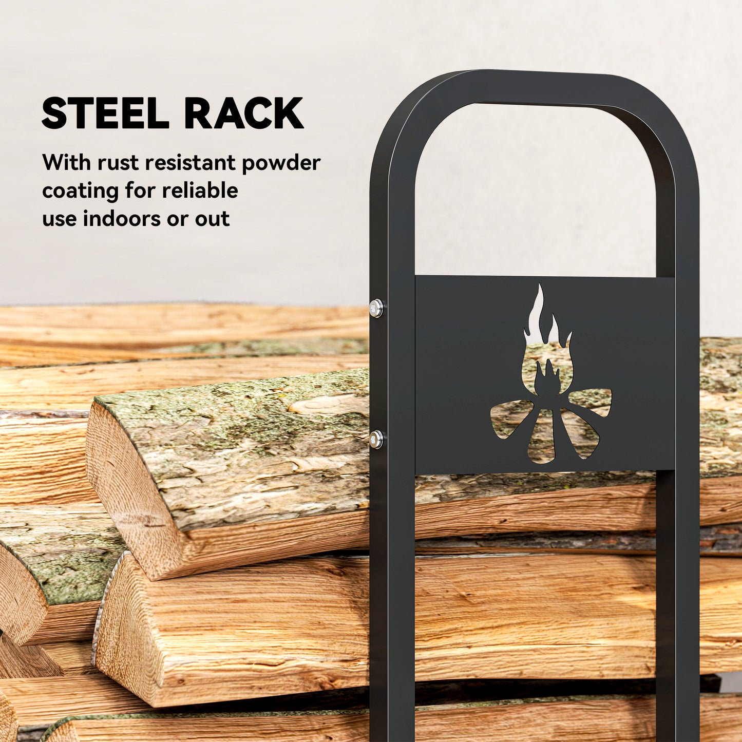 Outsunny 6.5 FT Steel Firewood Log Rack with 300 kg Capacity, Heavy Duty Indoor Outdoor Fireplace Wood Storage Shelf, Log Holder/Stand with Extra Support Legs, Decorative Bonfire Pattern, Black