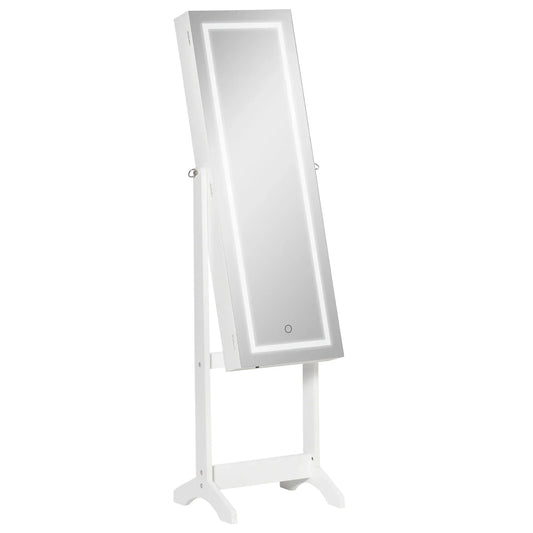 HOMCOM Jewellery Cabinet with LED Light, Lockable Jewellery Organiser with Full-Length Mirror for Bedroom Dressing Room, White - LiamsBargains.co.uk