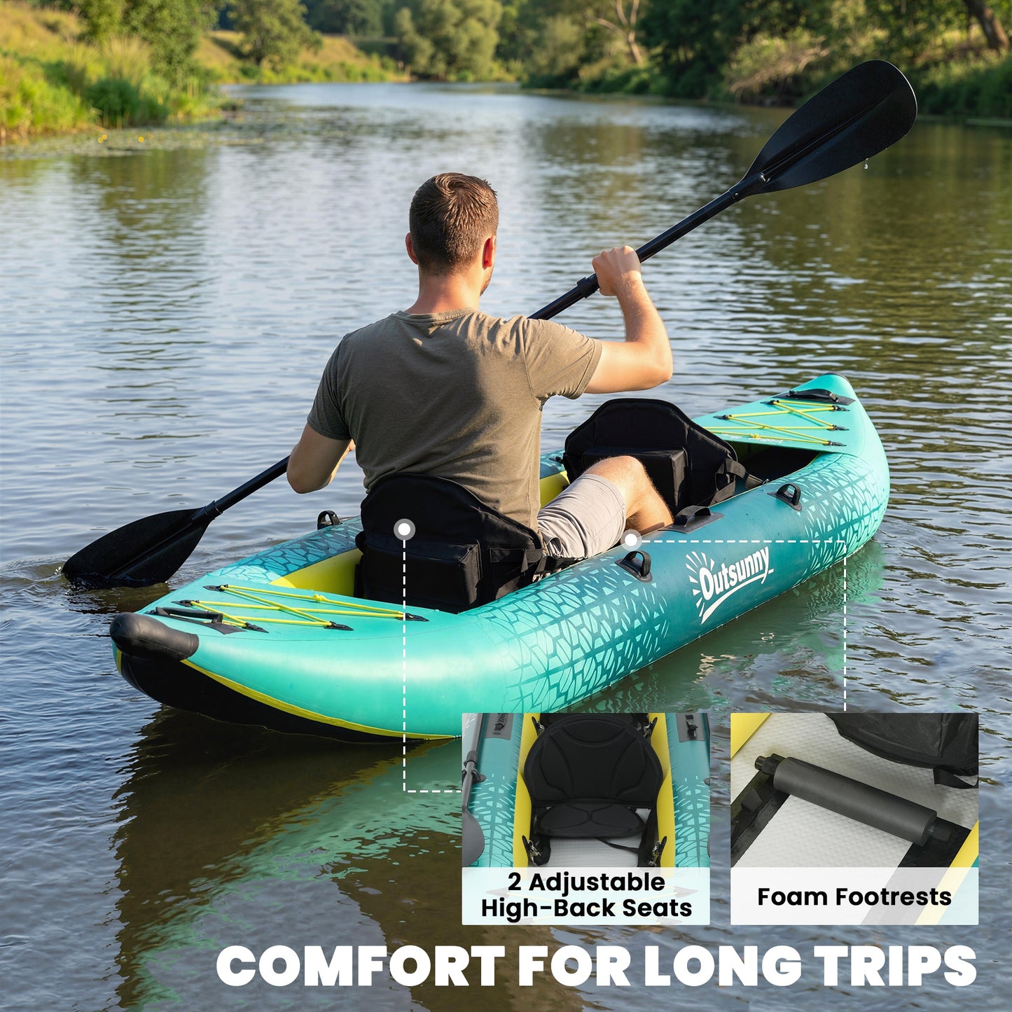 Outsunny 12.5' Inflatable Kayak Set, 2-person Sit on Canoe with Aluminium Oars, Blue and Yellow