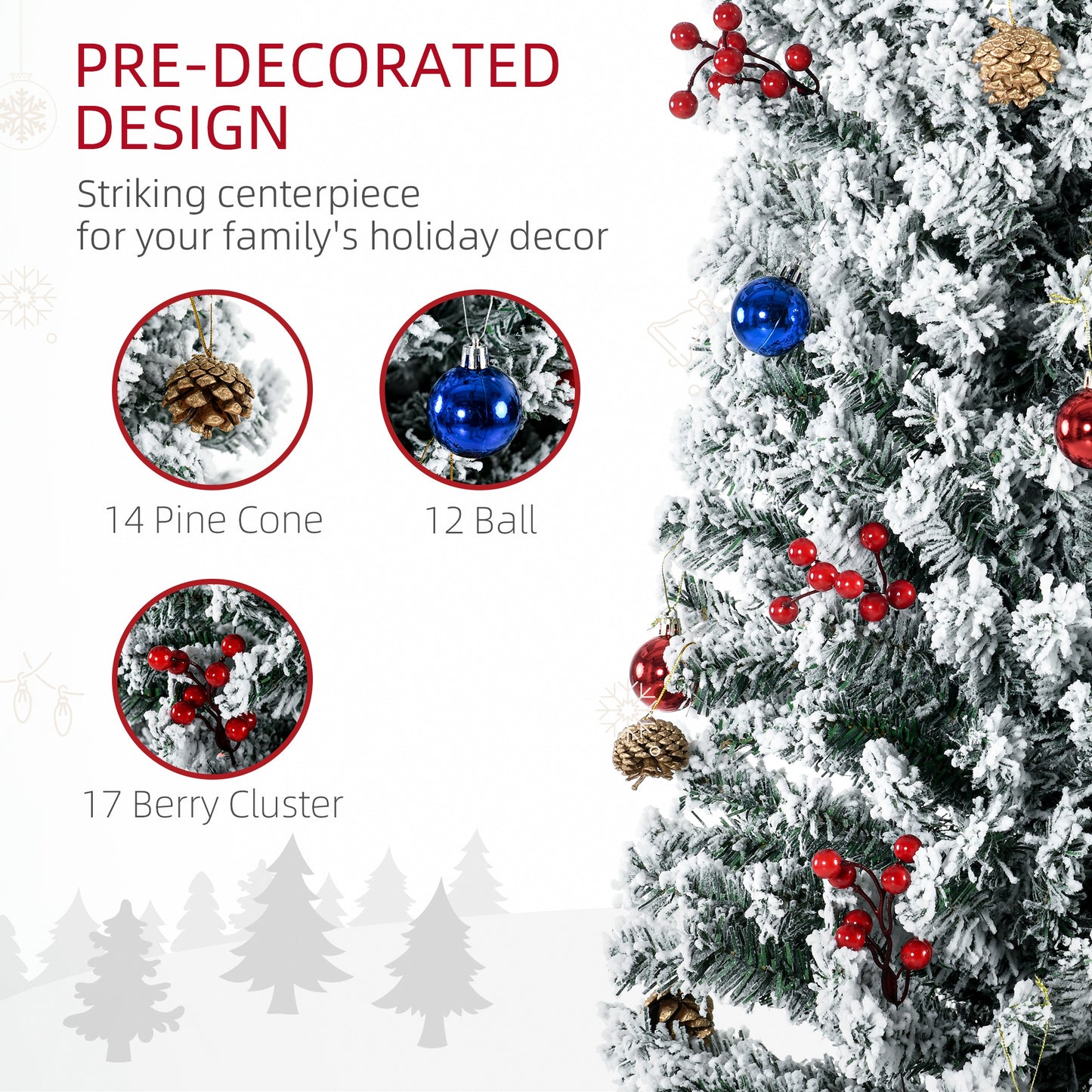 HOMCOM 7.5' Artificial Prelit Christmas Trees Holiday DÃ©cor with Colourful LED Lights, Flocked Tips, Berry, Pine Cone