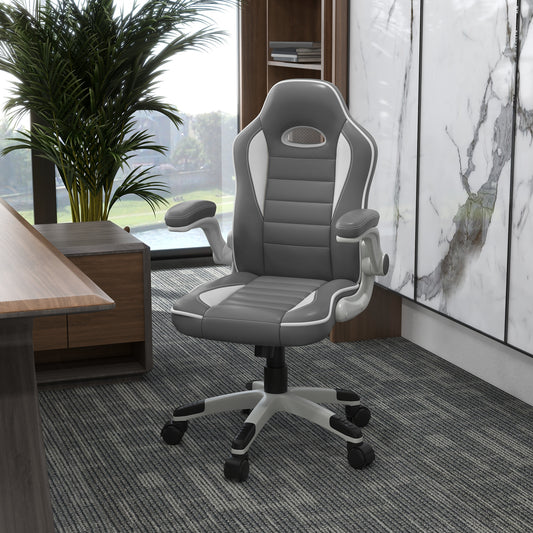 Vinsetto Computer Gaming Chair, Office Desk Swivel Chair, PU Leather Racing Chair with 90Â° Flip-up Armrest, Adjustable Height and Rolling Wheels, Grey