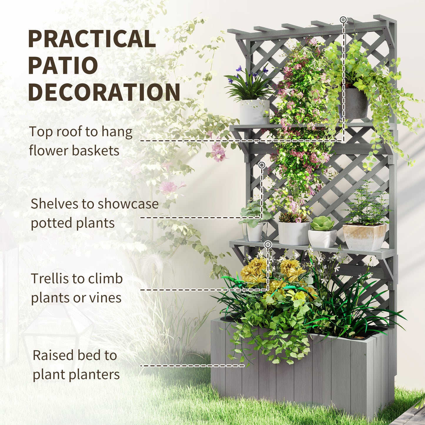 Outsunny 52L Wooden Planter with Trellis, Freestanding Raised Bed for Garden with Hanging Roof, Shelves, Drainage Holes and Bed Liner, Outdoor Planter Box for Climbing Plants Vegetables Flowers, Grey