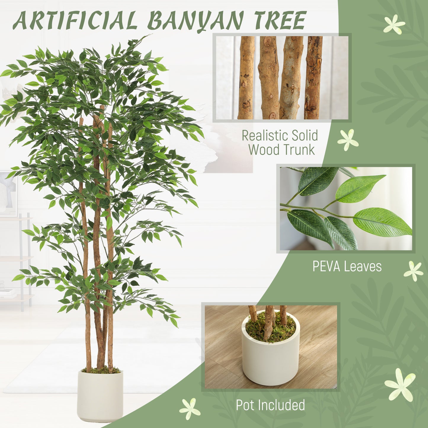 HOMCOM 180cm Artificial Ficus Tree, Fake Potted Tree with Solid Wood Trunk and Pot for Indoor, Green