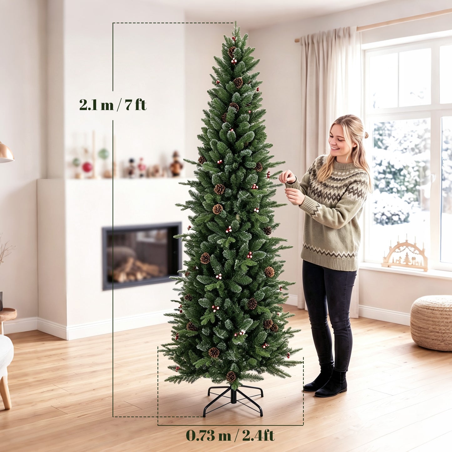 HOMCOM Slim Gracious Pine Xmas Tree, 7ft/210cm Artificial Christmas Tree with 904 Branch Tips, Foldable Steel Stand, Green