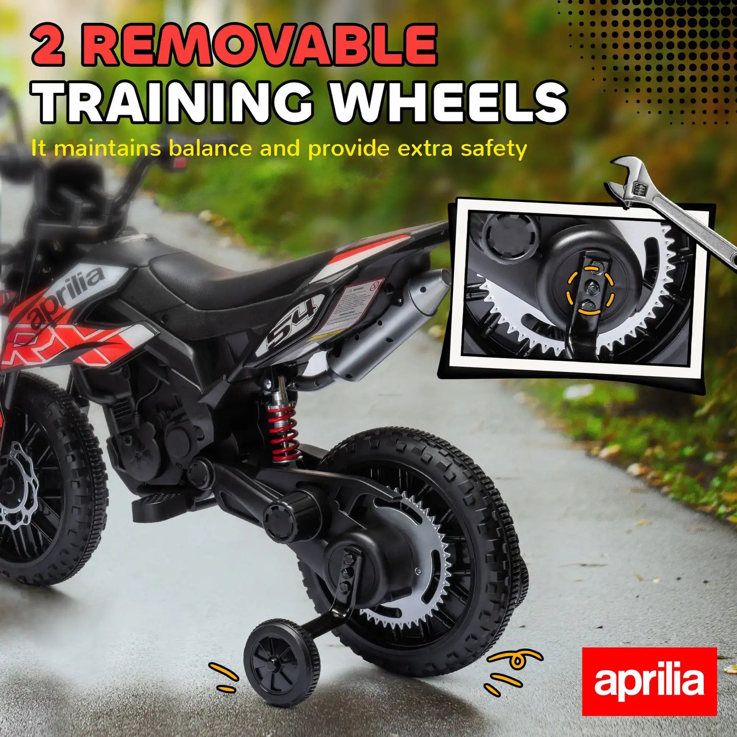 12V Aprilia Licensed Kids Motorbike with Training Wheels, Spring Suspension, LED Headlight, USB, Music, Red/Black