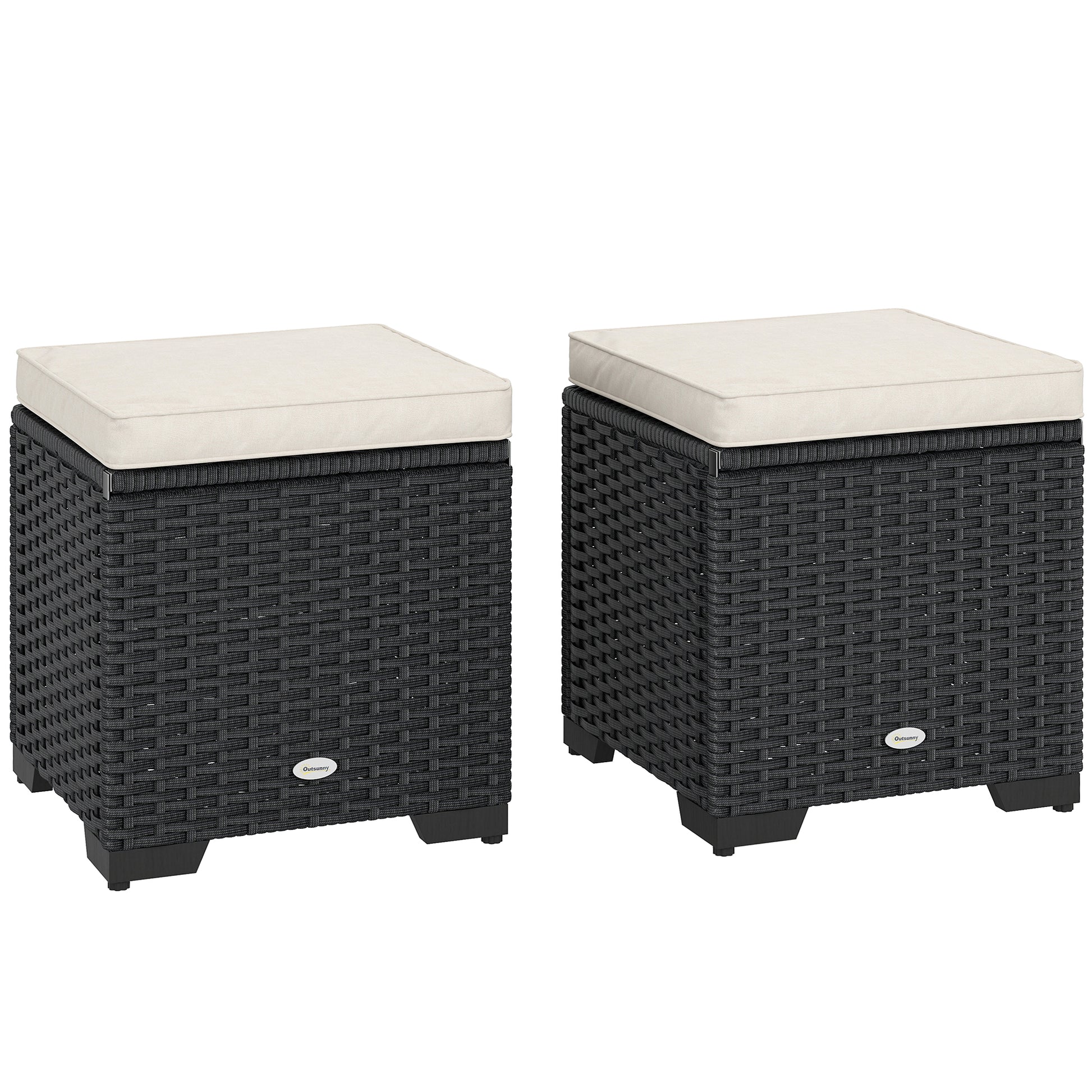 Outsunny Set of 2 Rattan Storage Ottoman, Outdoor Footstool with Removable Cushions, Garden Storage Seat for Balcony, Porch, Living Room, Cream