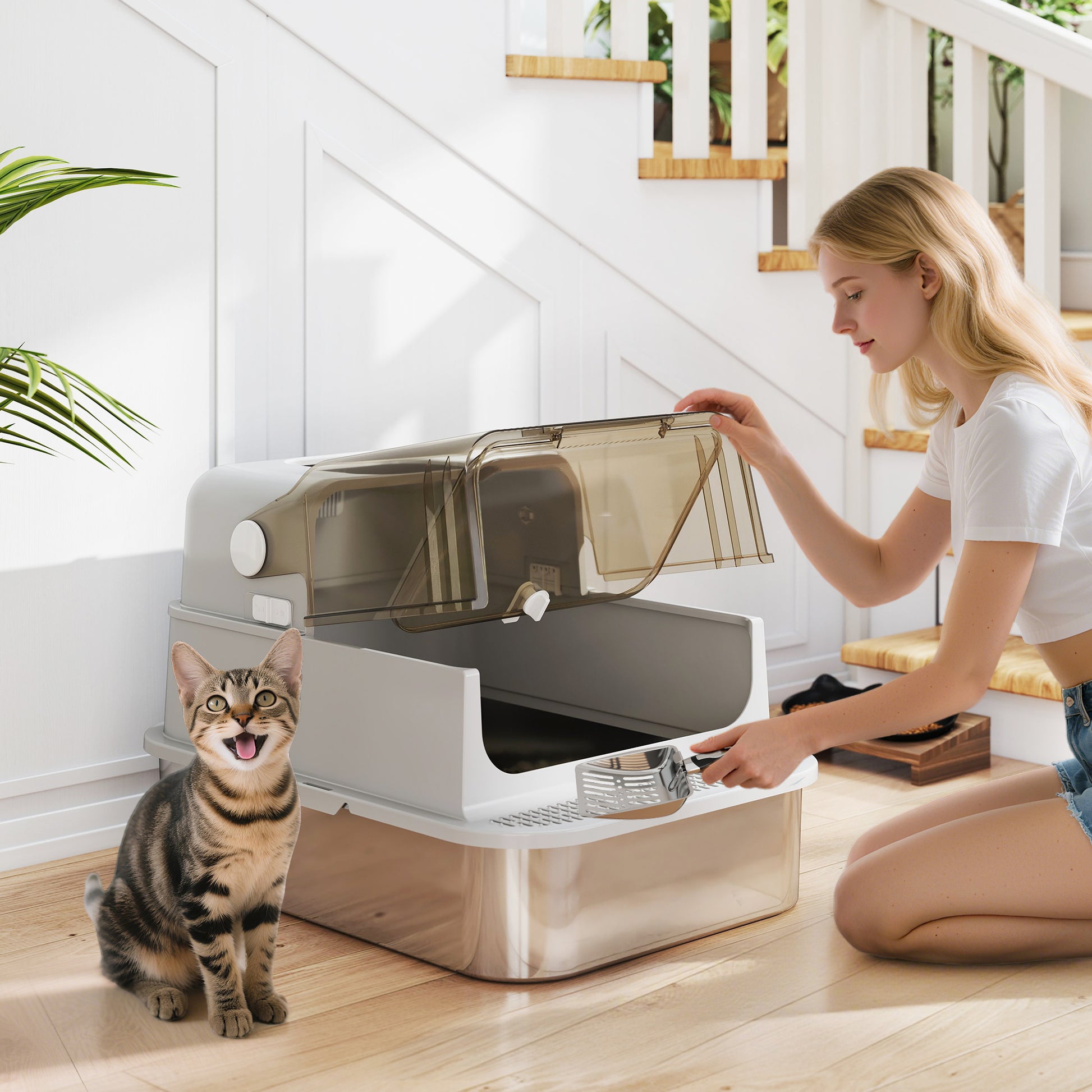 PawHut XXL Stainless Steel Cat Litter Tray, Enclosed Cat Litter Box with 90Â° Flip Cover, Double Doors, Scoop, Easy Clean, Grey