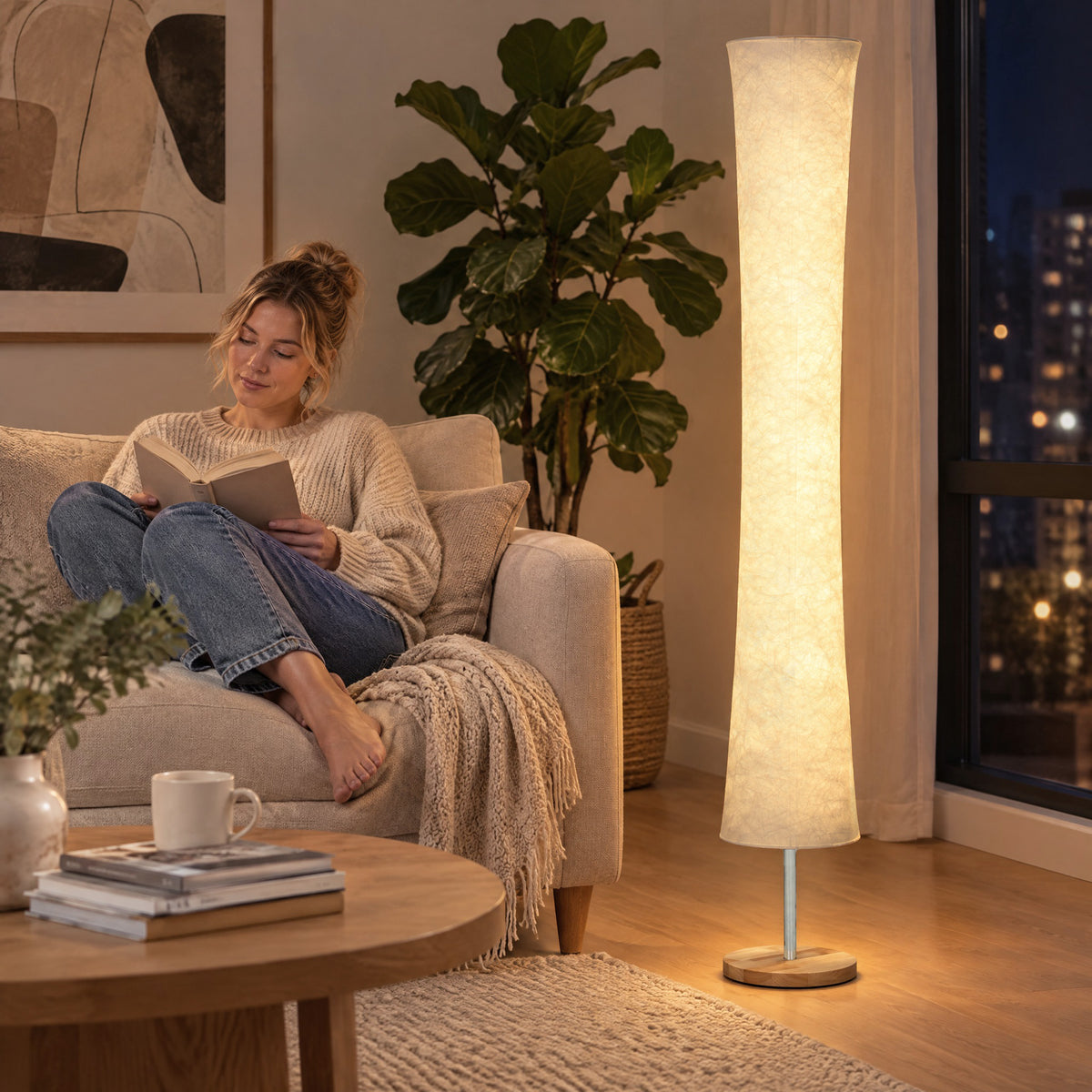 HOMCOM LED Floor Lamp, 152 cm Modern Dimmable Standing Lamp with Paper Shade, Pine Wood Base, White