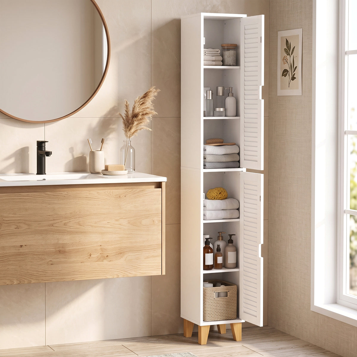 HOMCOM 170cm Tall Bathroom Storage Cabinet, Freestanding Bathroom Cabinet with Louvered Doors, Adjustable Shelf, White